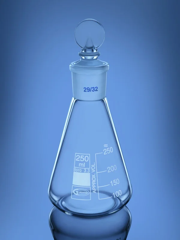 Flask, Conical, Ground Joint, Penny head glass stopper
